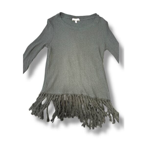 Eri + Ali Green Ribbed Knit Fringe Hem Sweater Women’s Medium - Picture 2 of 4